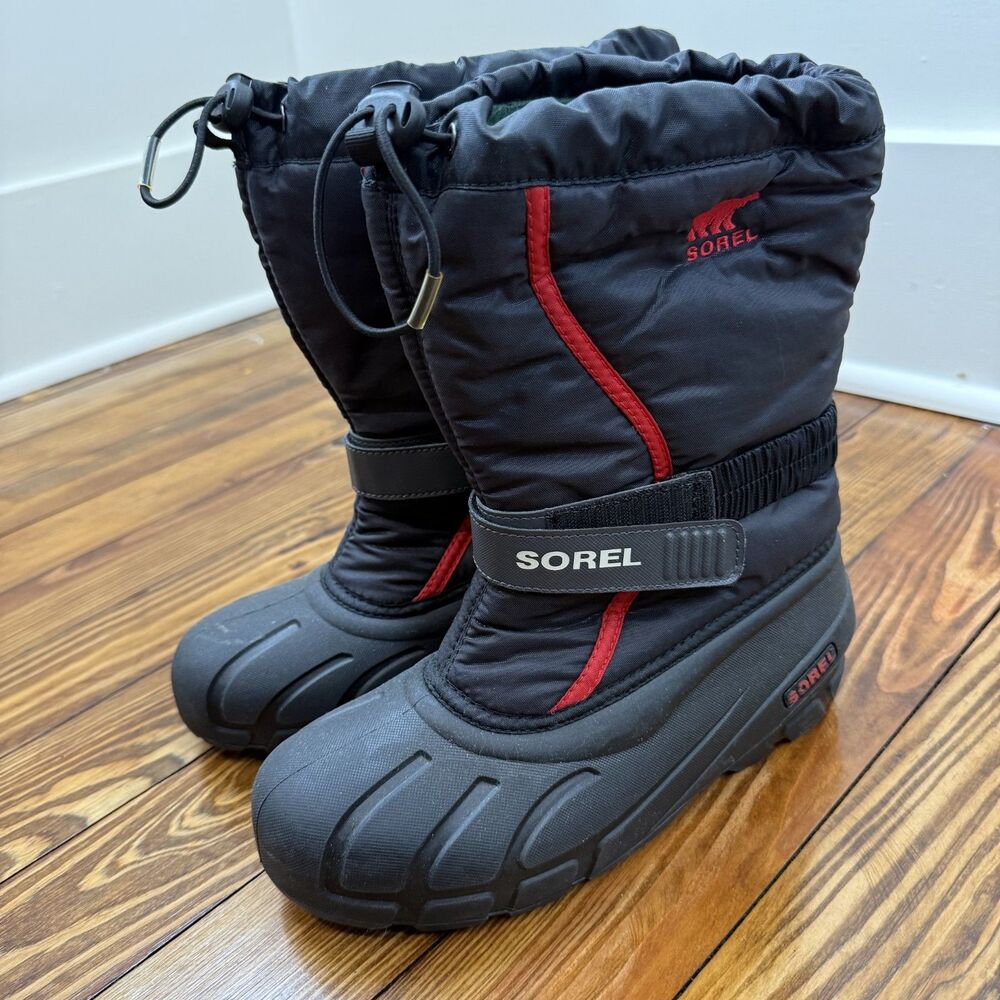 SOREL Youth Flurry Winter Boots Black Red, Size 7 Kids